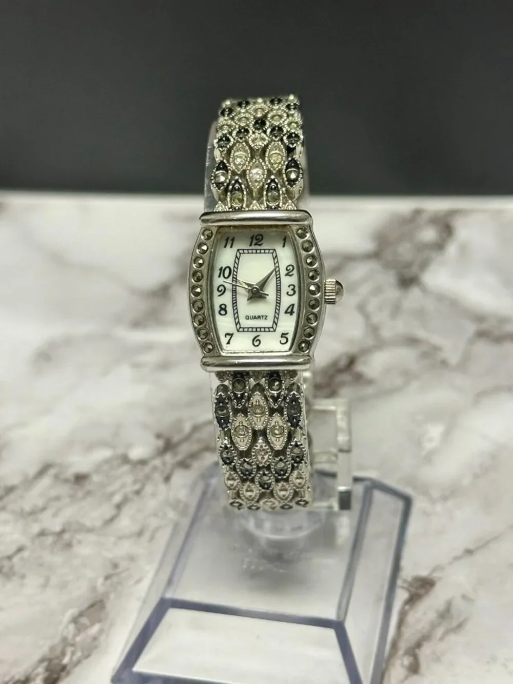 M. Z. Berger Marcasite Watch Silver Tone White Dial Ornate New Battery 7 inch